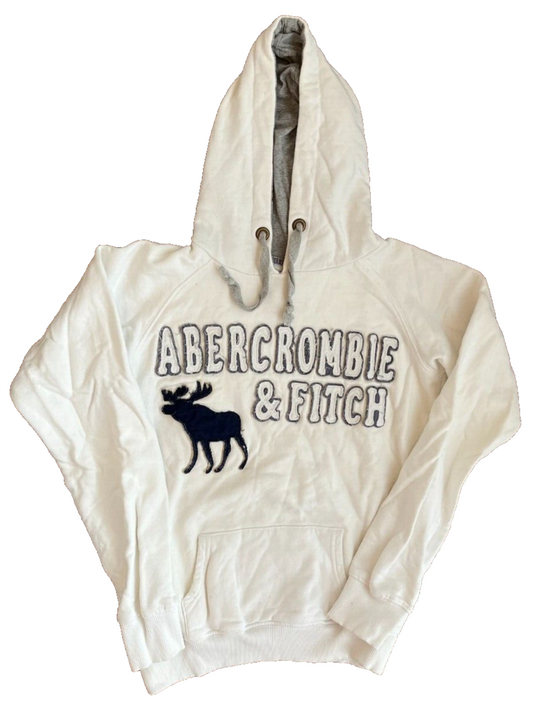 Abercrombie Fitch Hoodie White Big Embroidery Cotton Size Men L Tight Fit