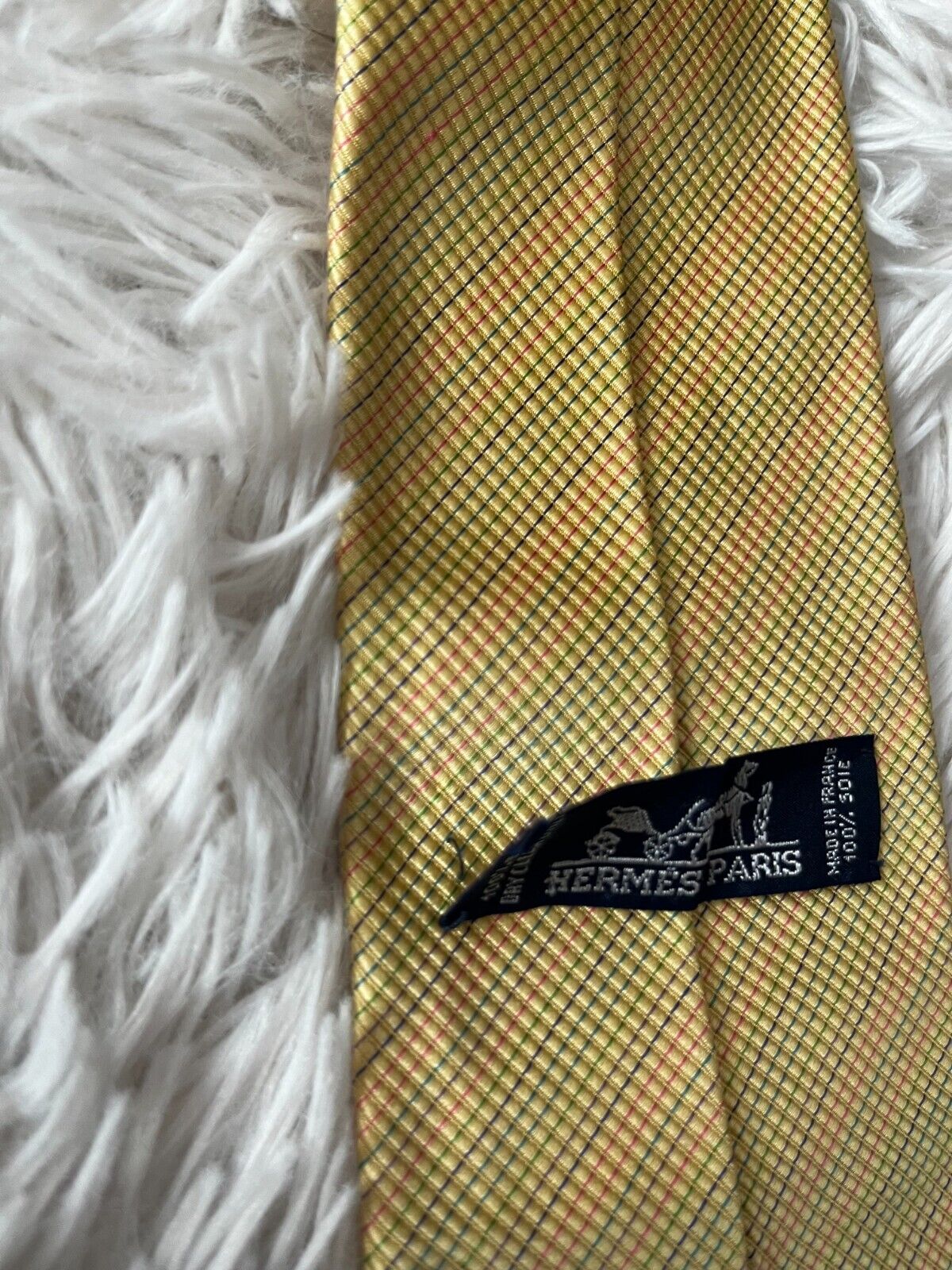 Hermes Paris Pure Silk Neck Tie Made in France Yellow Checkered