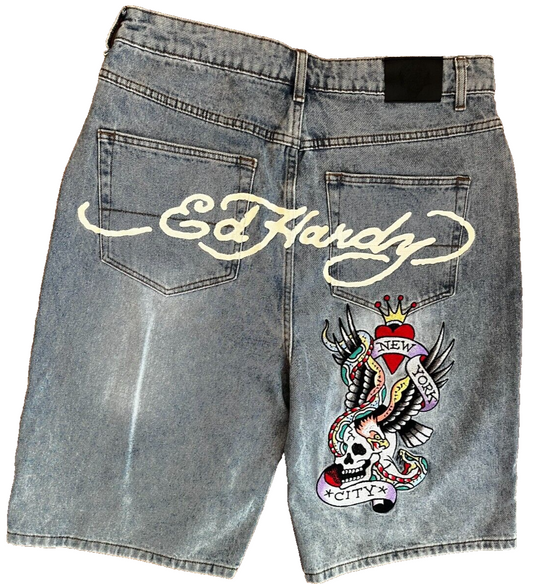 BNWT Ed Hardy Shorts Baggy Fit NYC Skull Denim Size Men XL Bleach Blue