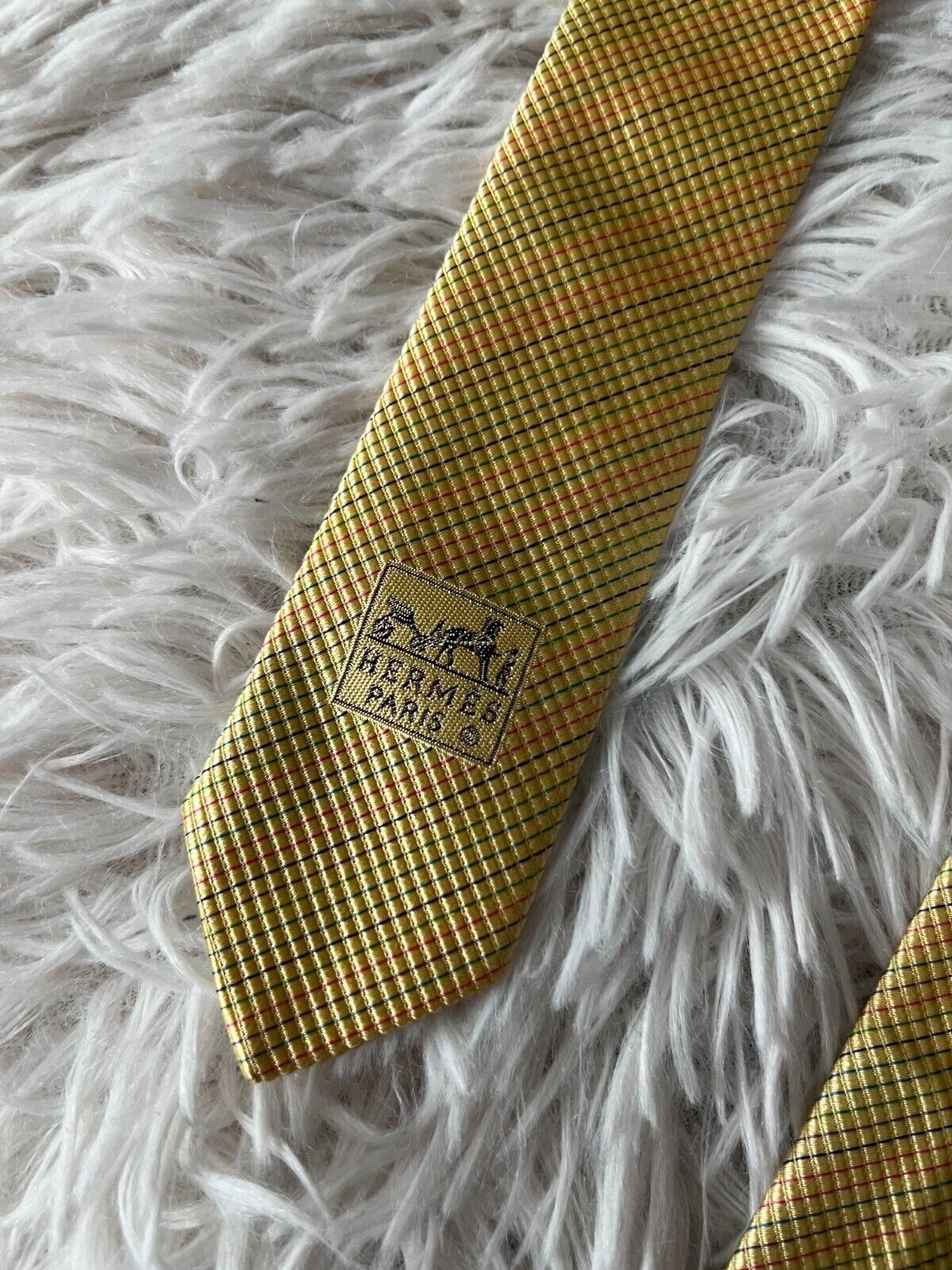 Hermes Paris Pure Silk Neck Tie Made in France Yellow Checkered