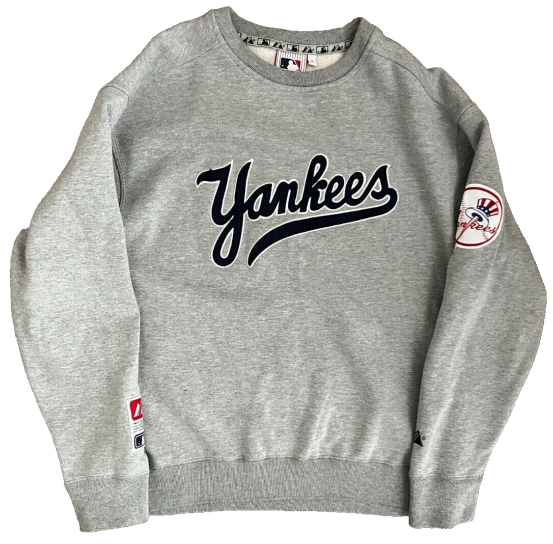 New York Yankees Sweater Mens M Gray Majestic Athletic Pullover MLB Logo