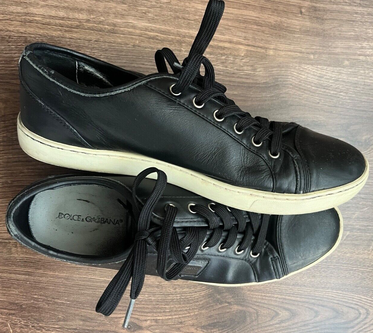 Dolce Gabbana Sport Sneakers Leather Shoes Black Lace Up Size 8 CS0930