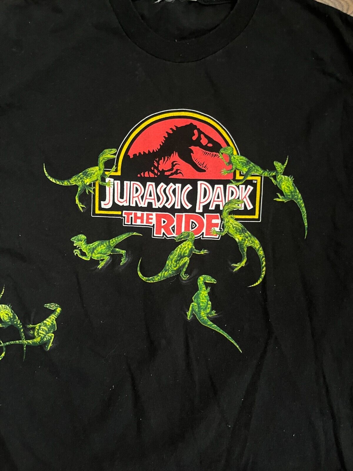 Vintage Jurassic Park The Ride Shirt L Kids Black 90s Dinosaur Movie Promo