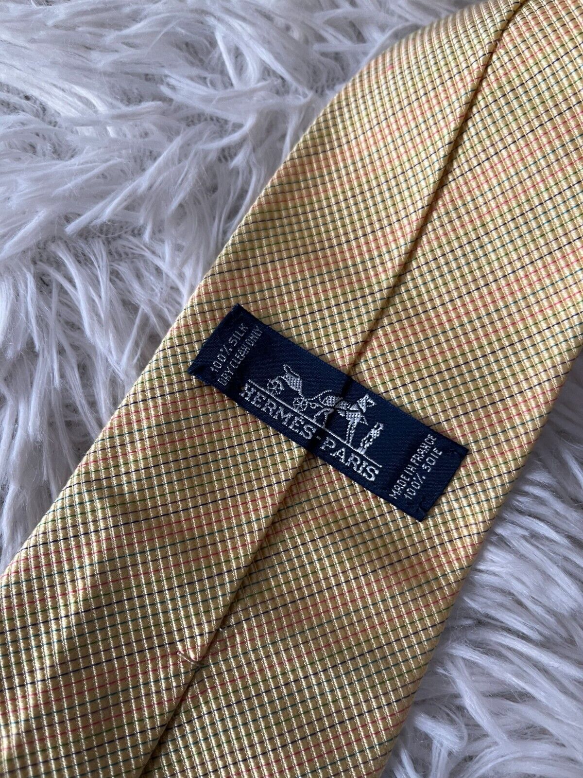 Hermes Paris Pure Silk Neck Tie Made in France Yellow Checkered