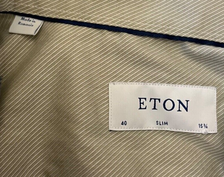 Eton Shirt Slim Button Down Twill Strip Light Green Cotton Size Men 40 15 3/4