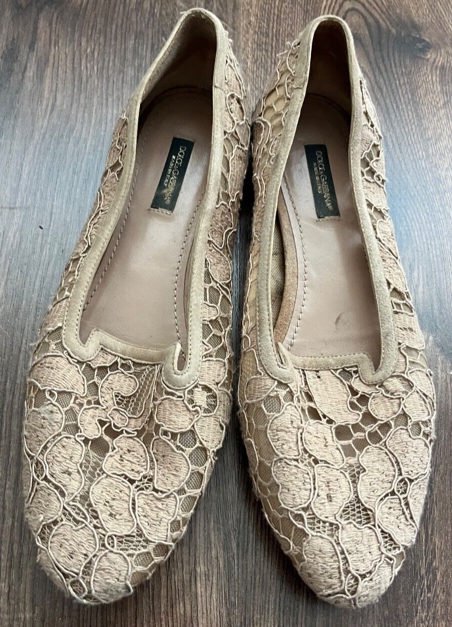 Dolce Gabbana Beige Floral Lace Loafers Flats Shoes Women Size 37 Made in Italy