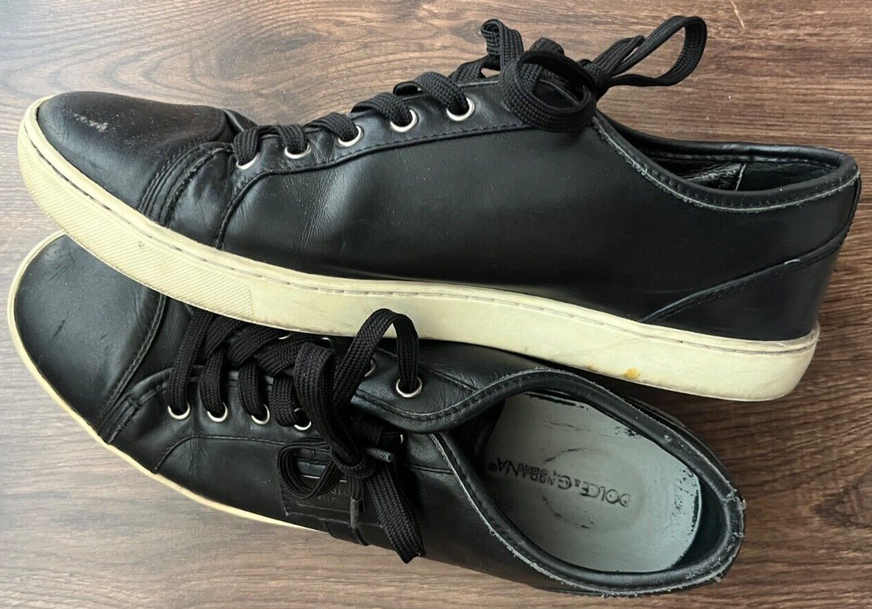 Dolce Gabbana Sport Sneakers Leather Shoes Black Lace Up Size 8 CS0930