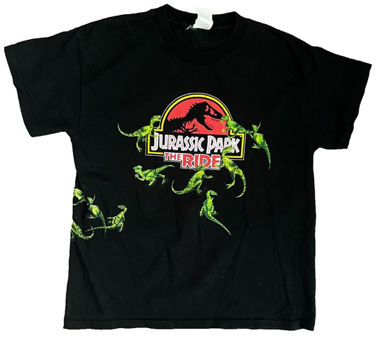 Vintage Jurassic Park The Ride Shirt L Kids Black 90s Dinosaur Movie Promo