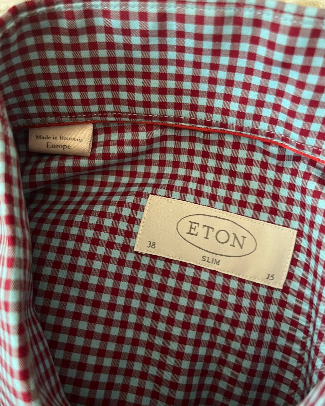 Eton Slim Fit Button Up Shirt Check Spread Cotton Men Size 38 15 Red Blue