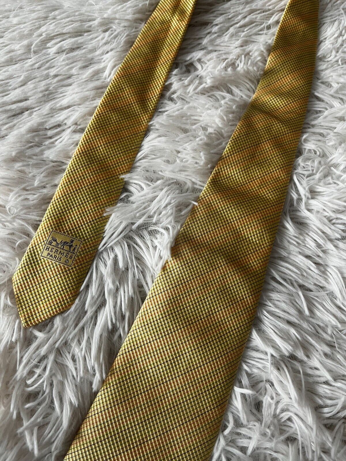 Hermes Paris Pure Silk Neck Tie Made in France Yellow Checkered