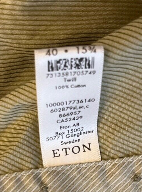 Eton Shirt Slim Button Down Twill Strip Light Green Cotton Size Men 40 15 3/4