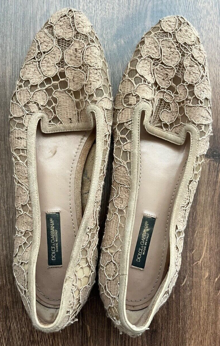 Dolce Gabbana Beige Floral Lace Loafers Flats Shoes Women Size 37 Made in Italy