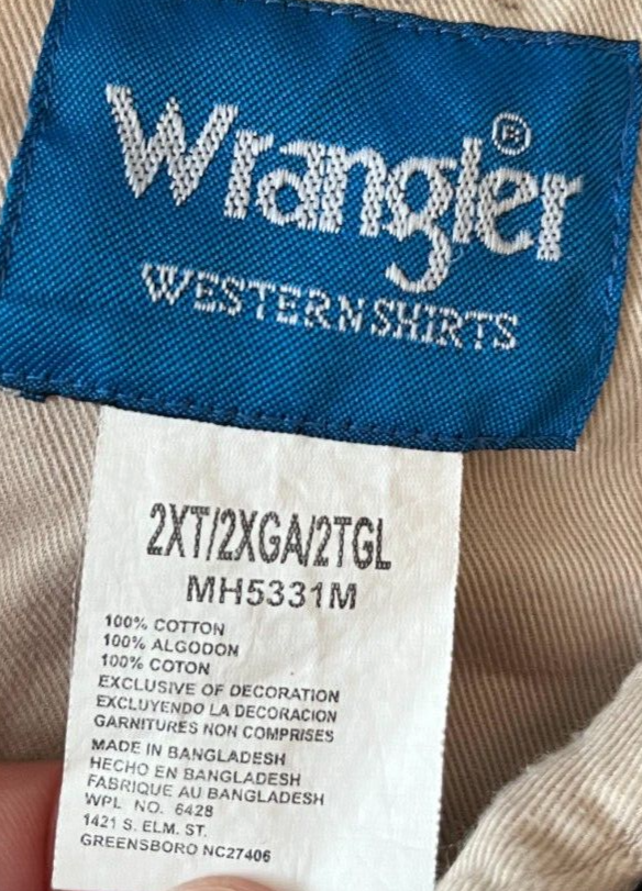 Vintage Wrangler Western Shirt Pearl Snap Button Long Sleeve Cotton Men Size XXL