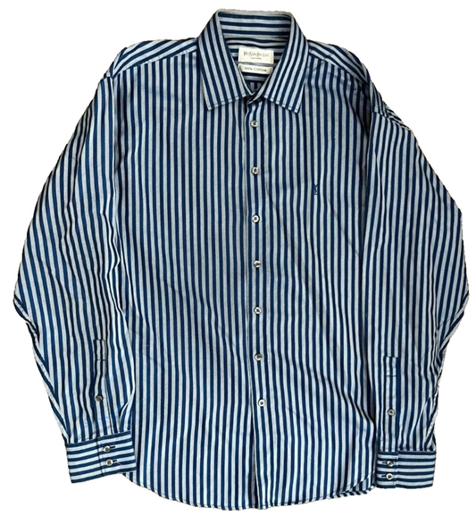 Yves Saint Laurent Button Up Long Sleeve Shirt Blue Striped Cotton Men Size 17R