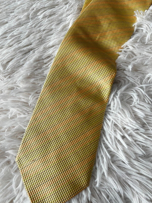 Hermes Paris Pure Silk Neck Tie Made in France Yellow Checkered